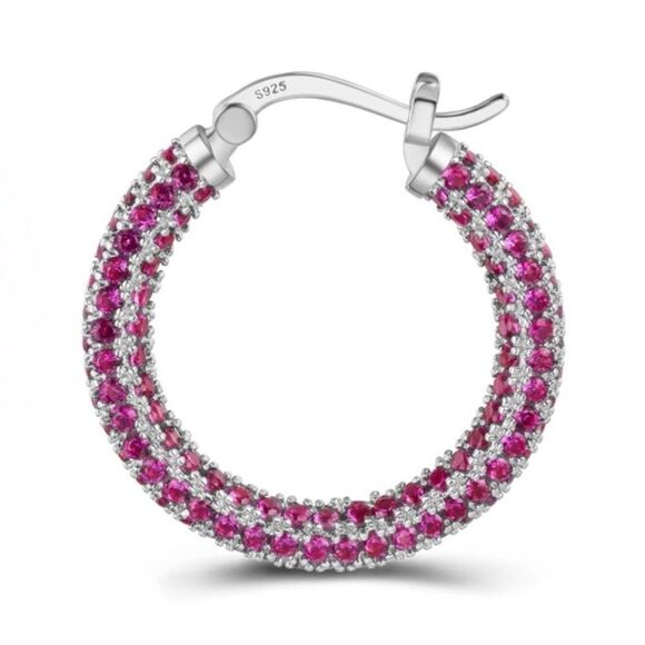 14K White Gold Sterling Silver with Pink Tourmaline Cubic Zirconia Hoop Earrings - Picture 3 of 6
